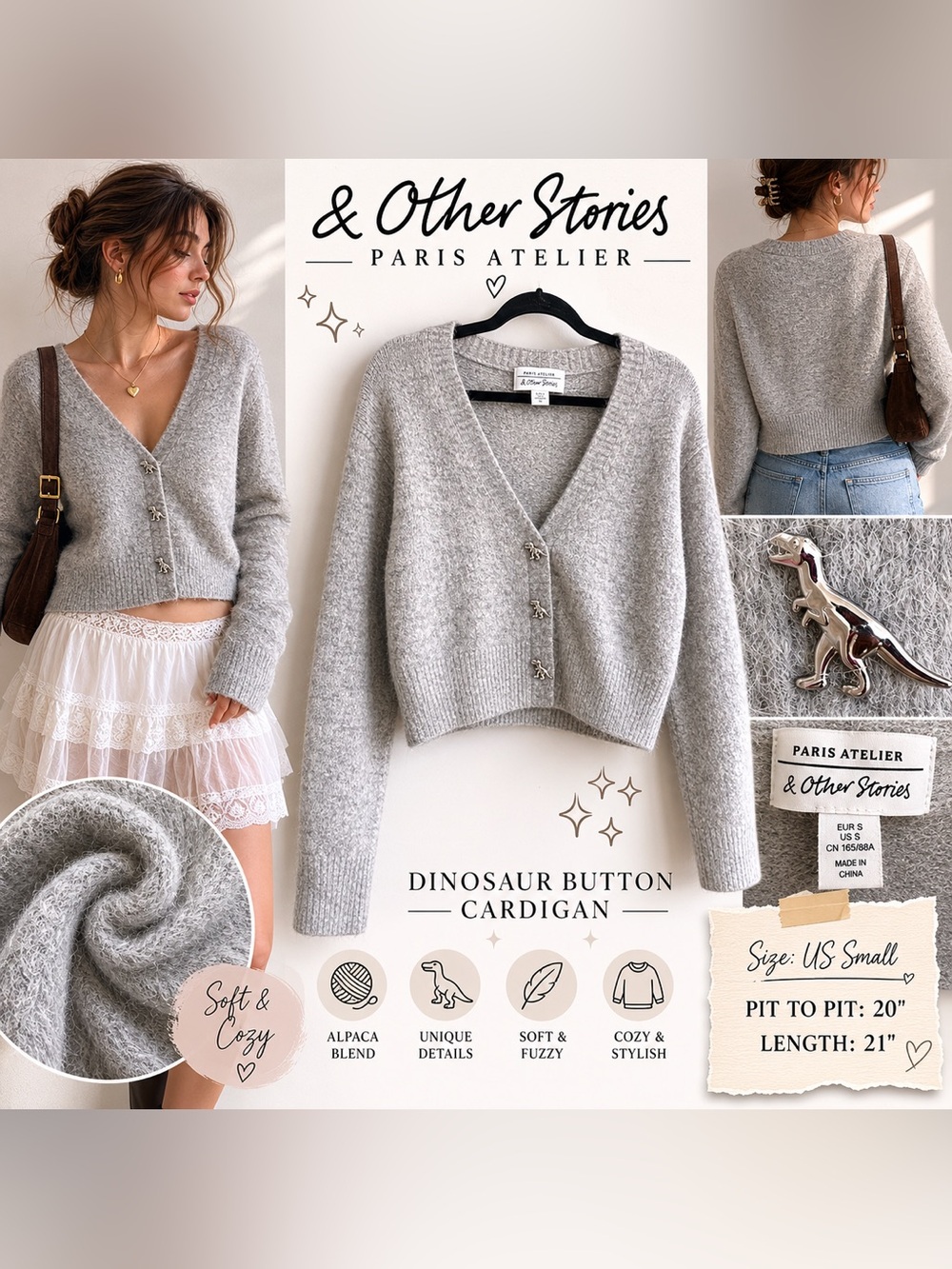 & Other Stories Light Gray Alpaca-Blend Dinosaur Button Cardigan